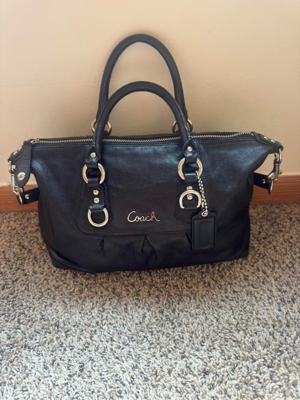 Coach Black Leather Satchel with Silver Hardware